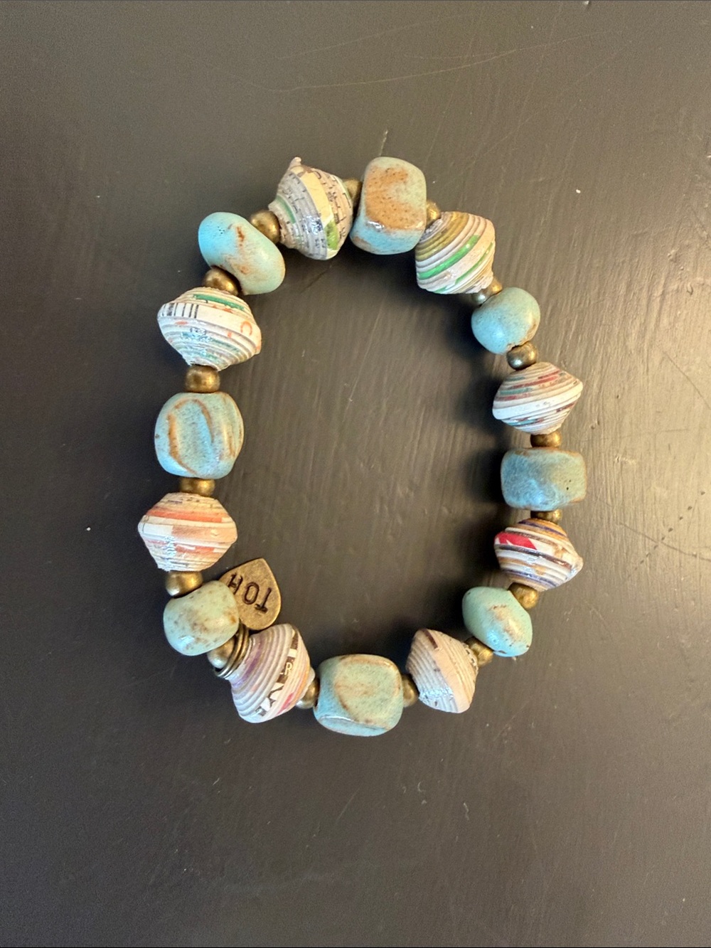Turquoise Paper-Bead Stretch Bracelet with Brass Accents